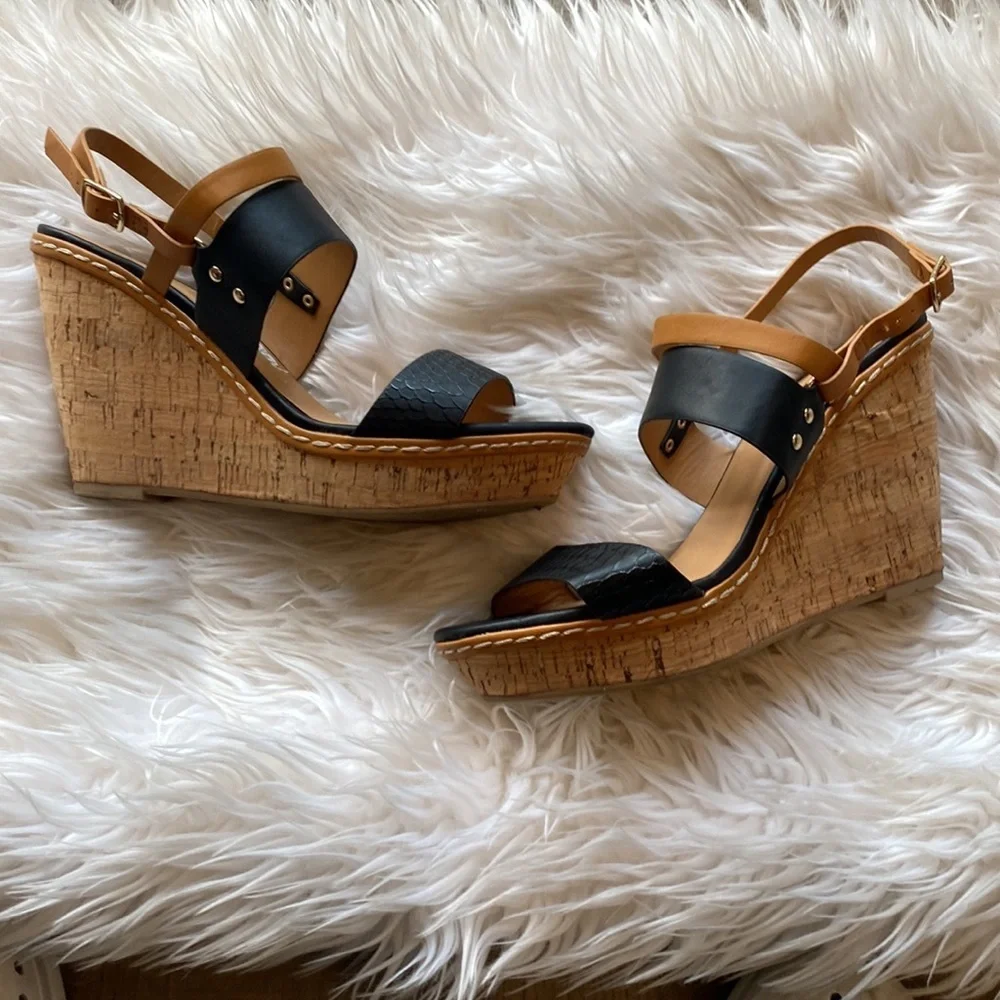 Coconuts by Matisse Black Cork Wedge Platform Sandals Size 10